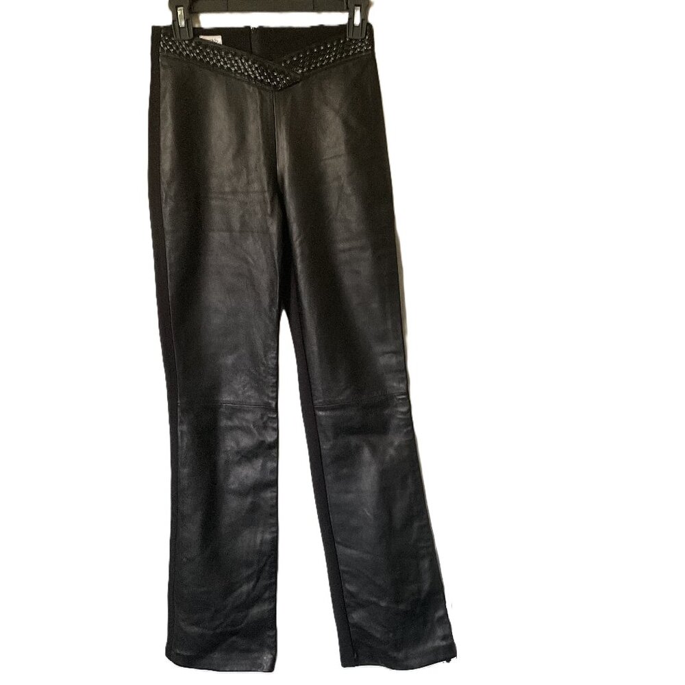 Cache drop waist black genuine leather pants with braided trim